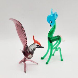 Lot 2 Vintage Lampwork Glass Figurines Blue Green Deer Fawn Purple Roadrunner